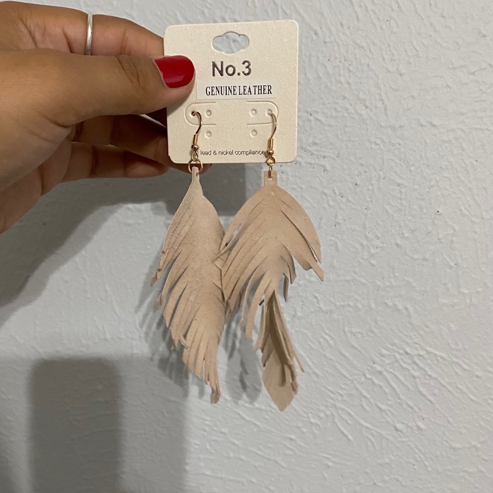 Taupe Suede Leather Feather Earrings